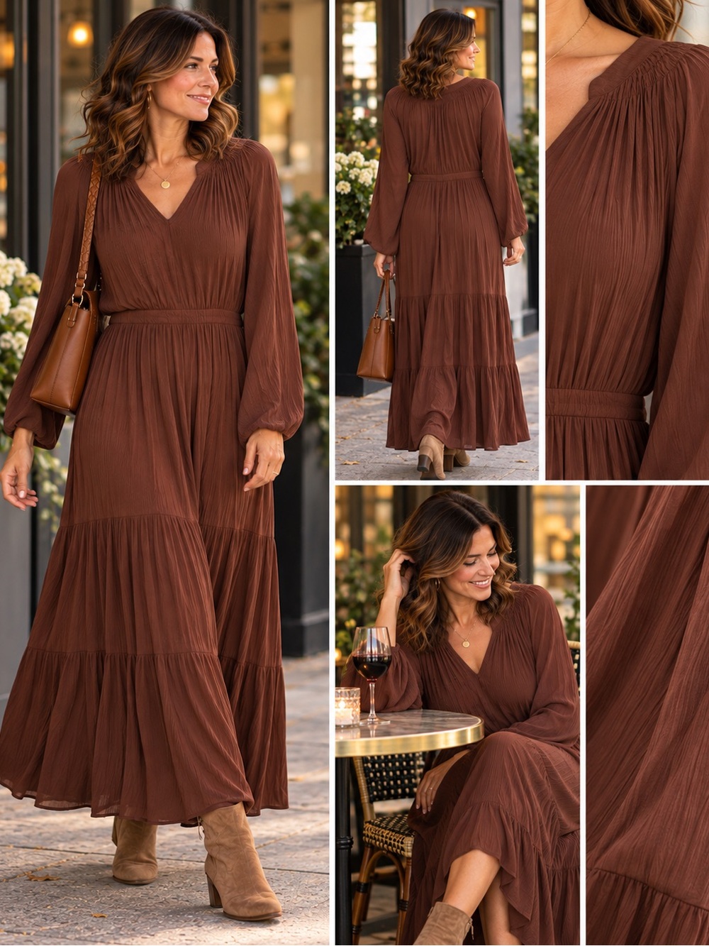 Reitmans Chocolate Brown V-Neck Long Sleeve Tiered Maxi Dress